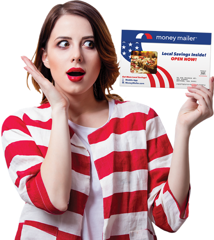 Woman holding Money Mailer® coupon envelope with excitement